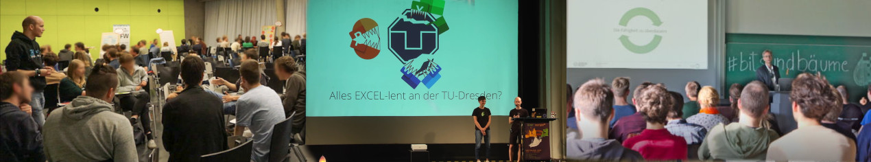 Ein dreigeteiltes Bild von drei Bits & Bäume-Veranstaltungen von 2019 bis 2023.